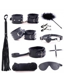 Kit 10 pièces de jouets BDSM noir pour adulte, menottes, fouet, corde, masque, bracelets, pinces