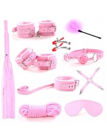 Kit 10 pièces de jouets BDSM rose pour adulte, menottes, fouet, corde, masque, bracelets, pinces