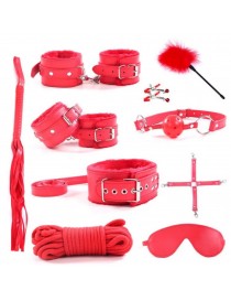 Kit 10 pièces de jouets BDSM rouge pour adulte, menottes, fouet, corde, masque, bracelets, pinces